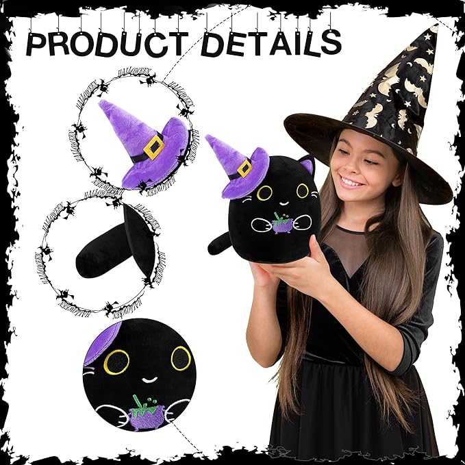 Halloween Stuffed Animal Plush Toy - 8 Inch Black Cat with Wizard Hat Plush Pillow Soft, Cute Stuff Animals Plushies Toys Gift for Kids Girls Boys, Halloween Birthday Party Decorations
