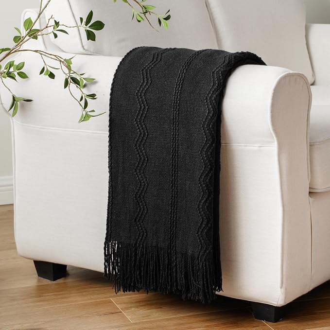 BATTILO HOME Black Throw Blanket for Couch, 50"x60" | Bed Throws for Home Decor, Decorative Black Knit Throw for Sofa Living Room
