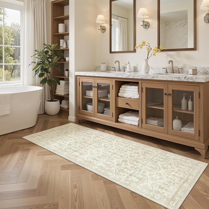 Soalmost Runner Rug 2x6 Washable Kitchen Hallway Runners Beige/Brown | Non-Slip Low-Pile Rugs for Entry Bathroom Laundry Room, Vintage Foldable Floor Carpet Mat Entryway for Corridor Bedroom