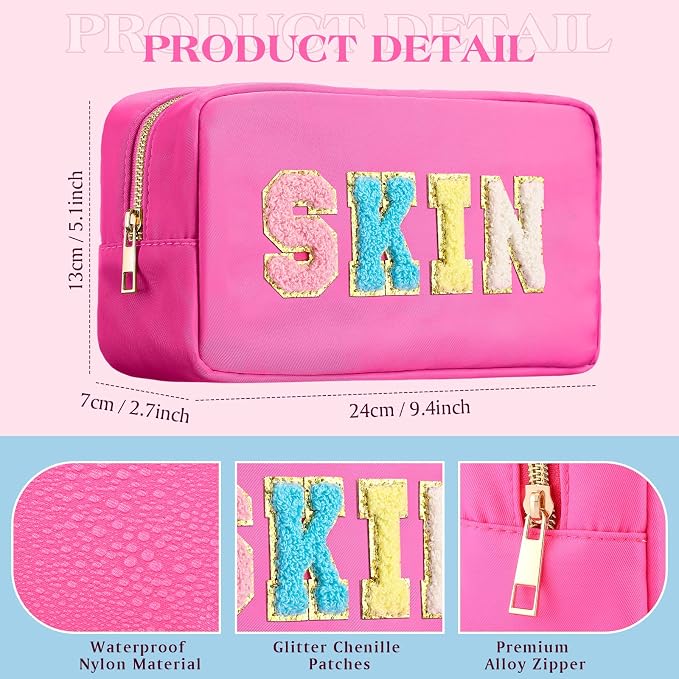 Preppy Makeup Bags Chenille Letter Stuff Bag Nylon Cosmetic Pouch Cases with Zipper for Women Travel Toiletry(Cute Color,Vivid,4 Pcs)