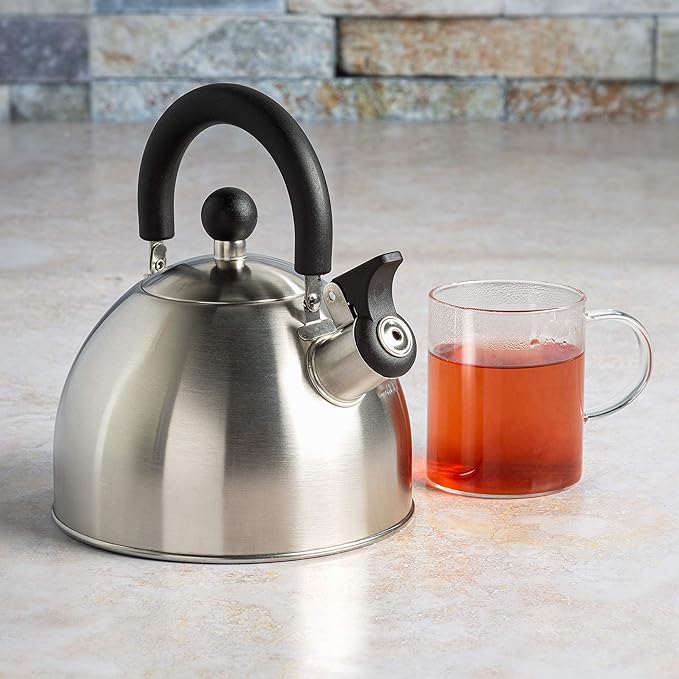 Primula Stewart Whistling Tea Kettle for Stovetop, Stainless Steel Stove Top Kettle with Fast Boil Whistling Spout and Cool Touch Folding Handle, 1.5-Quart, Brushed Silver with Black Handle