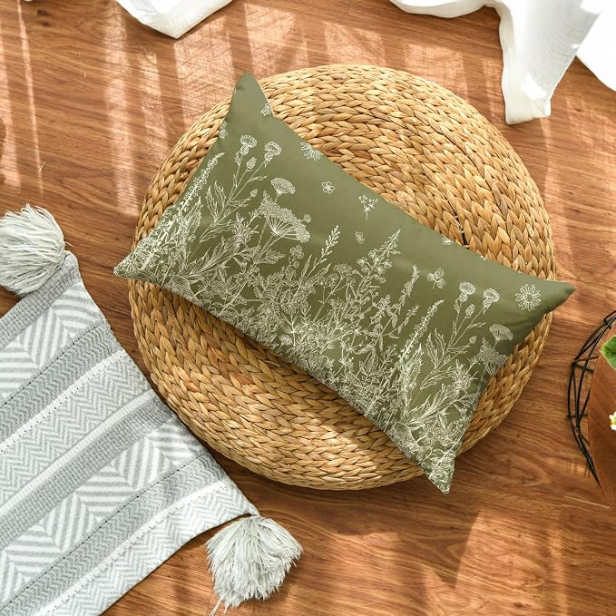 AVOIN colorlife Wildflowers Spring Moss Green Throw Pillow Cover 12x20 Inch | Floral Cushion Case Decoration for Home Sofa Couch
