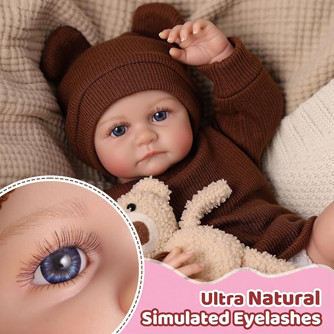 BABESIDE 17 Inch Reborn Baby Dolls, Lifelike Newborn Doll with Soft Cloth Body, Handmade Baby Doll with Bear Hat & Toy, Set Includes Bottle, Magnetic Pacifier, Clothes, Gift for Kids Age 3+