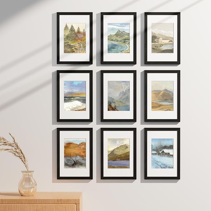 Vittanly 8x12 Picture Frames Set of 9 for Wall or Tabletop Display, Black | Display Pictures 6x8 with Mat or 8x12 without Mat, Engineered Wood with Shatter Resistant Plexiglass, Gallery Photo Frames