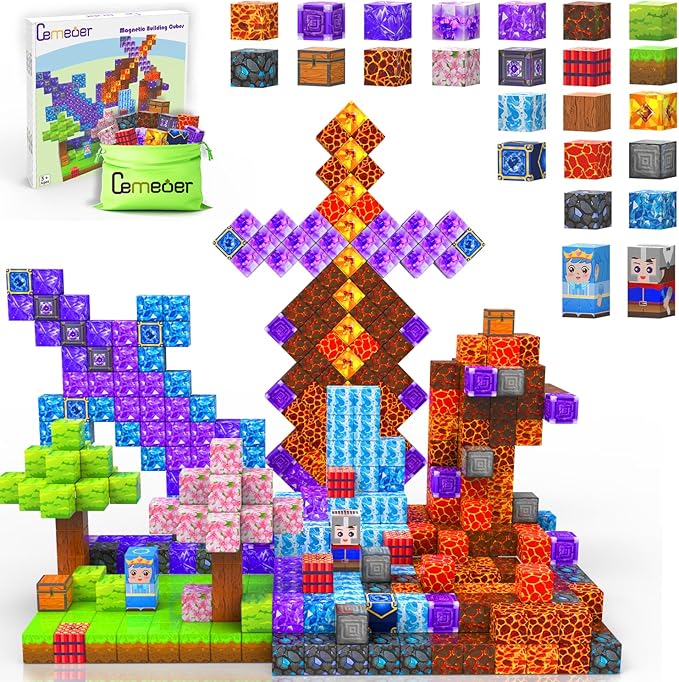 Magnetic Blocks for Kids, 100PCS 1inch Magnetic Building Cube Toys with Mine Sword Theme, Stacking Magnets Construction Toy Birthday Gifts for Boys and Girls Age 3+ Years Old