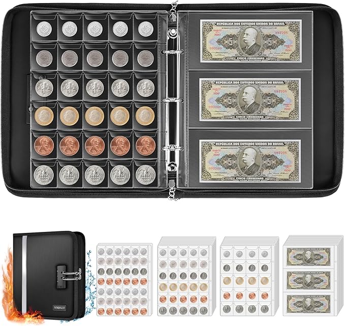 Coin Collection Book Holder for Collectors, 484 Pockets Fireproof Coin Collection Supplies and 36 Currency Album Storage Organizer, Lockable Coins Album for Coins Collector Gifts for Bill, Penny Black