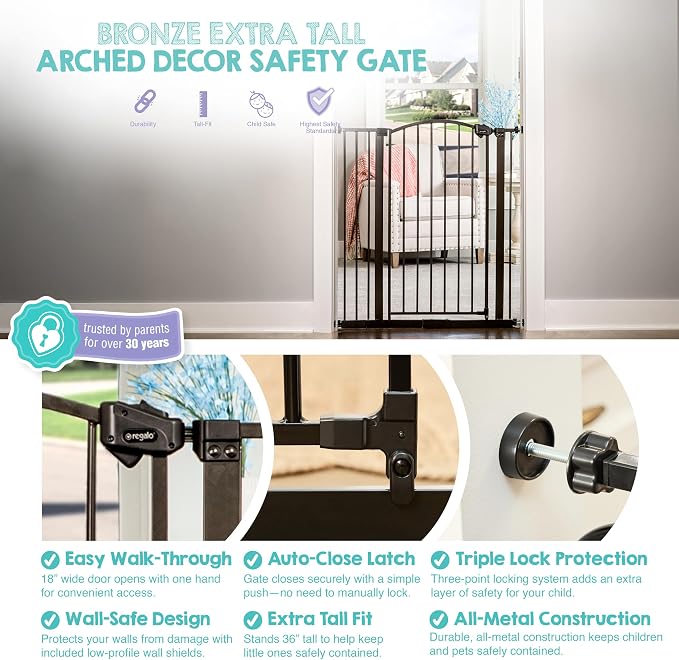 Regalo Easy Step Extra Tall Arched Décor Walk Thru Baby Gate, Includes 4-Inch Extension Kit, 4 Pack Pressure Mount Kit and 4 Pack Wall Mount Kit, Bronze, 36-Inches Tall (Pack of 1)