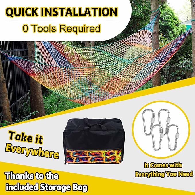 Climbing Net for Kids - 14.8FT x 9.9FT Double Layers Heavy Duty Playground Safety Net, Climbing Cargo Net for Tree House Tree Fort, Back Yard, Jungle Gyms, Monkey Bar Security Mesh（Rainbow）