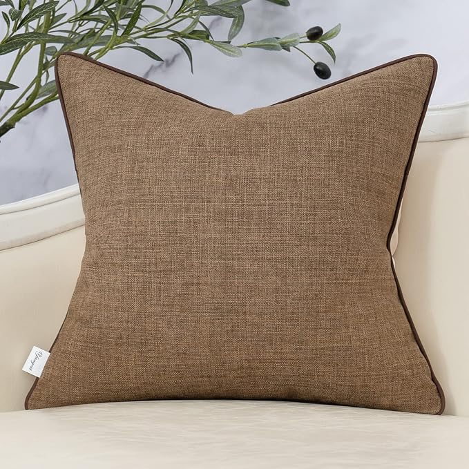 Patchwork Pillow Cover 20x20 Inch Luxury Cotton and Linen Cushion Cover Faux Leather Pillowcover for Couch Bedroom Living Room, Brown