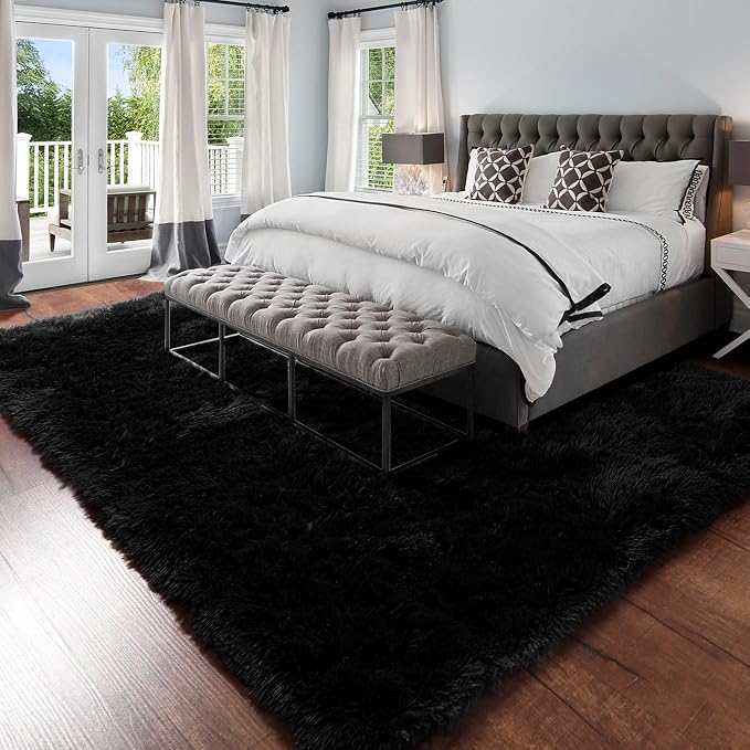 8x10 Black Rug for Living Room Bedroom, Large Big Fluffy Modern Area Rugs for Kids Room Decor Aesthetic, Shaggy Furry Floor Carpet for Dorm Office Playroom Nursery Classroom, Baby Teen Boys Men Rug
