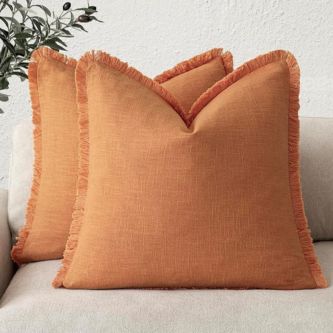 Foindtower Set of 2 Decorative Linen Fringe Throw Pillow Covers Cozy Boho Farmhouse Cushion Cover with Tassels Soft Accent Pillowcase for Couch Sofa Bed Living Room Home Decor,18×18 Inch,Dusty Orange