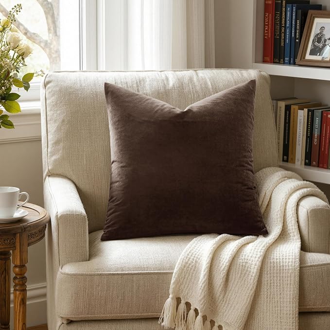 MIULEE Velvet Throw Pillow Covers 20x20 Inch Pack of 2 Chocolate Brown | Soft Solid Decorative Pillow Covers, Modern Luxury Home Decor, for Couch Chair Sofa Bedroom Livingroom