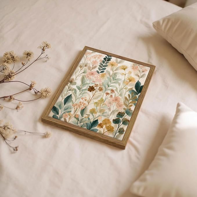 Framed Boho Floral Wall Art, Neutral Botanical Wildflower Canvas Wall Decor Painting, Vintage Flower Poster Print Picture for Living Room Bathroom Bedroom 12x16 Inch