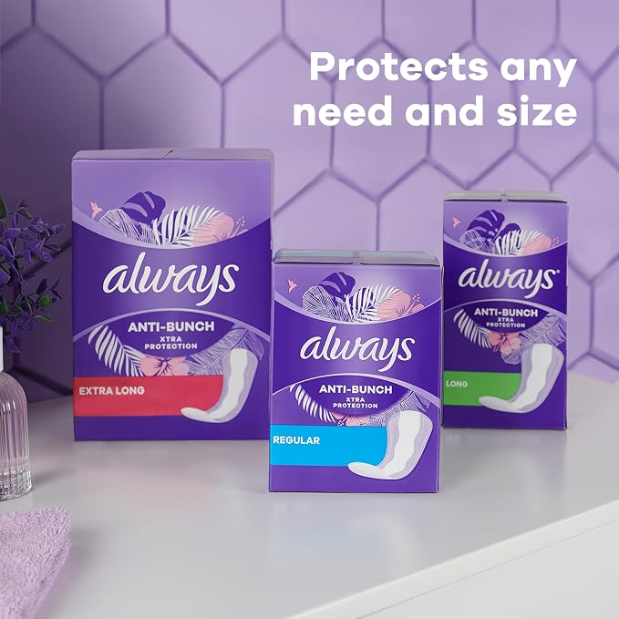 Always Panty Liners for Women Anti-Bunch Xtra Protection Daily Liners, Extra Long, Unscented, 92 Count x 4 (368 total)