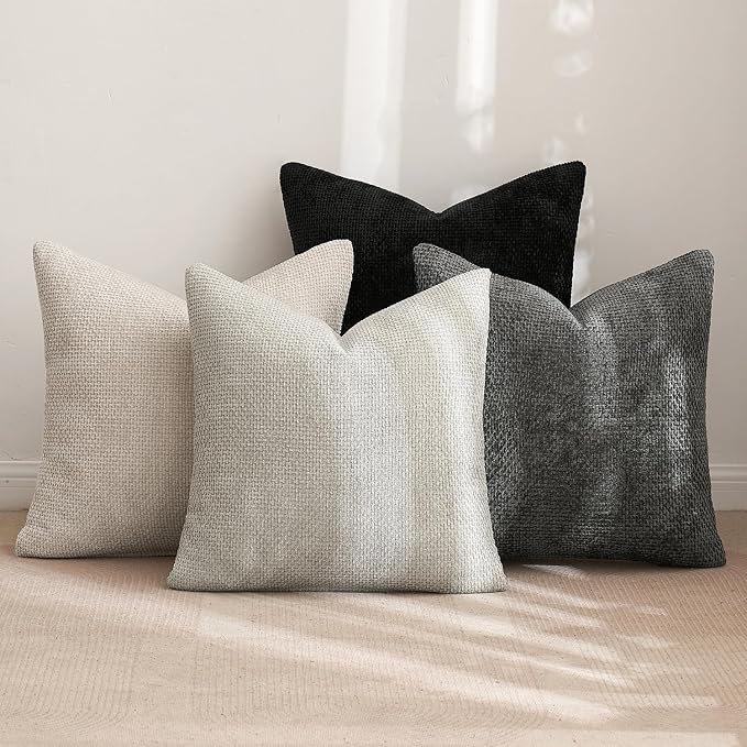 MIULEE Soft Decorative Chenille Pillow Covers Cream Grey 16x16 Pack of 4 | Modern Home Decor, Classic Neutral Set, Couch Throw Pillows, Farmhouse Boho Cushion Covers for Sofa Bed Living Room