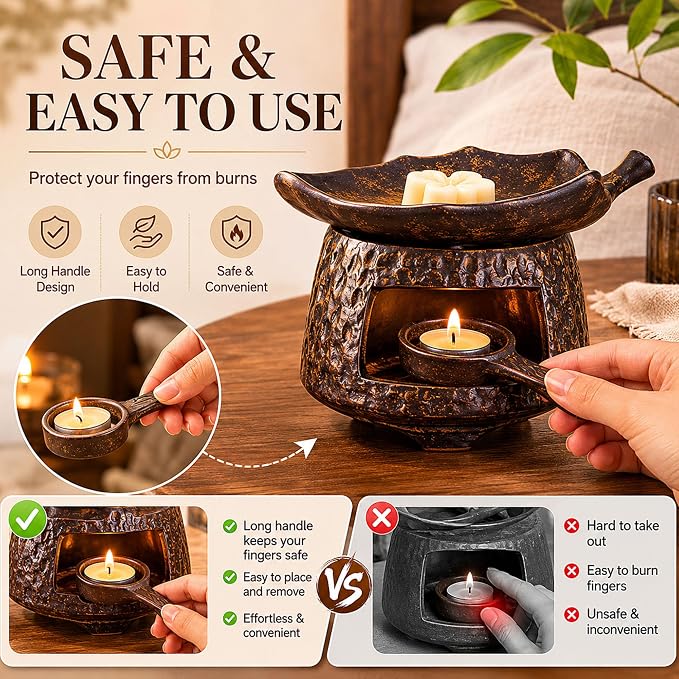 Ceramic Essential Oil Burner, Wax Melt Warmer & Palo Santo Holder, Handmade Retro Aromatherapy Burner with Tea Light Candle Holder, Rustic Zen Home Decor Incense Burner