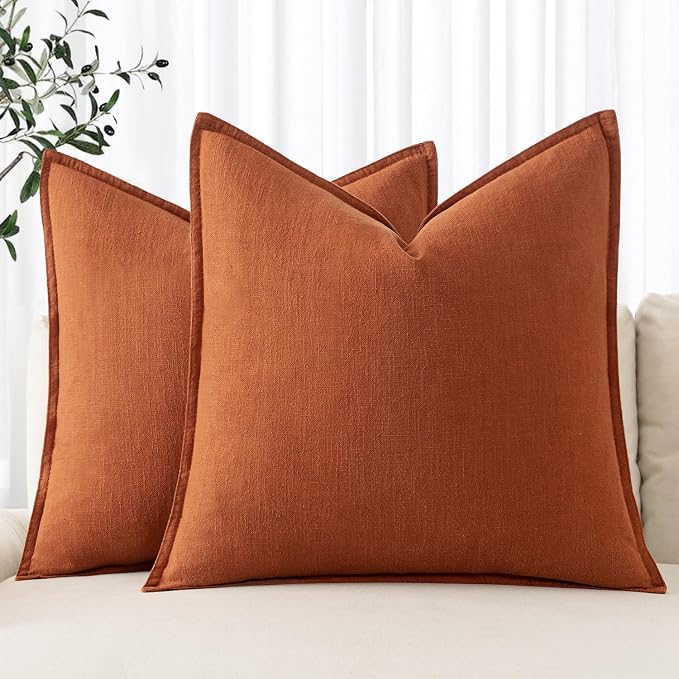 MIULEE Decorative Linen Euro Sham Pillow Covers 26x26 Rust | Boho Farmhouse Fall Autumn Couch Throw Pillows for Bed, Pack of 2 Accent Modern Pillowcases, Sofa Livingroom Home Decor