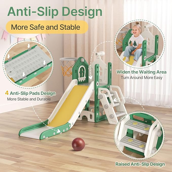 BIERUM 6 in 1 Toddler Slide - L-Shaped Baby Slide for Toddlers Aged 1-3 with Basketball Hoop, Telescope Toy and Anti-Slip Pads, Indoor Outdoor Toddler Playset, Green Yellow