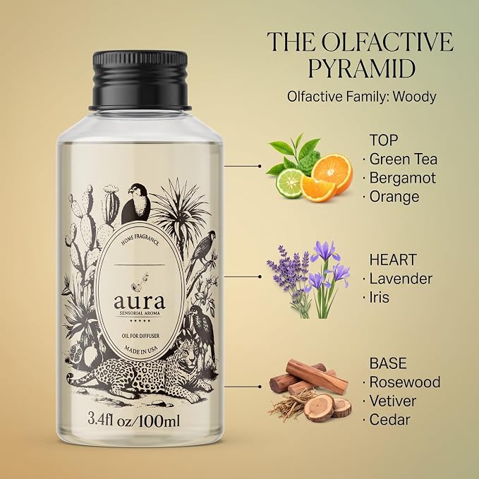 A U R A - Saint Tropez Fragrance Oil for Waterless Scent Diffuser - Inspired by Bul.geri Homme | (3.4 fl oz, 100 ml) Pure Essential Oil Blends for Aromatherapy Diffuser & Hotel Collection Oil Diffuser