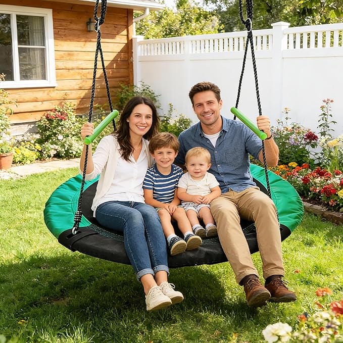 YSEJOMP 4FT Round Tree/Saucer Swing with Handles -Made of Sturdy Frame,PP Mat,Adjustable Multi-Strand Ropes,Safe and Durable for Yard Garden Playground Park (Black and Dark Green, 48 inches)