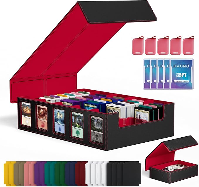 UAONO Trading Card Storage Box with Commander Display;3900+ Card Box for MTG, Removable Cover; 5 Row Case fits MTG TCG Sports Cards 48 Dividers,5 Stoppers,5 Top Loaders,1 Dice Box(Black, Red)