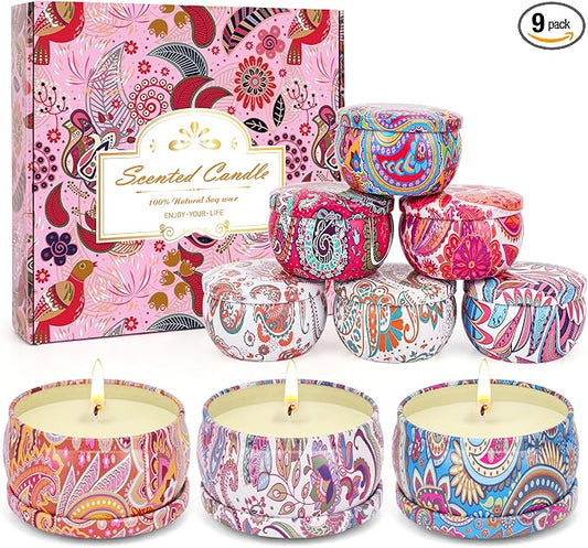 Scented Candles Gifts Set for Women, 9 Pack Aromatherapy Candles Pack Soy Wax Include Lavender, Jasmine and Vanilla Scented for Bridesmaid, Birthday, Valentine's, Mother's Day, Bath, Yoga