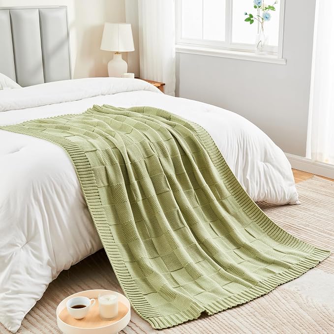 CozeCube Sage Green Knitted Checkered Throw Blanket 50"X60" | Check Knit Throw for Couch, Decorative Christmas Soft Cozy Warm Blanket for Bed Sofa Living Room