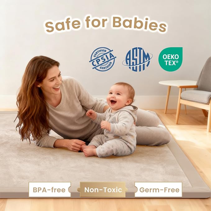 ACOMOPACK Baby Play Mat for Floor 1.3" Thick Memory Foam Play Mat 39"×59" Tummy Time Crawling with Non-slip Bottom for Living Room,Nursery,Soft Velvet Playpen Mats for Kids,Infants（Beige）