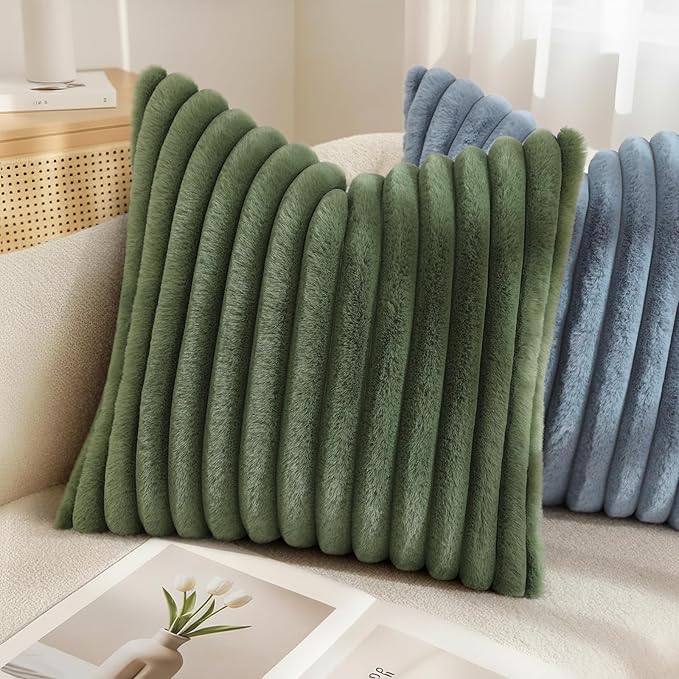 decorUhome Fall Faux Fur Throw Pillow Covers 16x16 Set of 2 Olive Green | Decorative Soft Cozy Striped Plush Modern Farmhouse Boho Couch Pillow Cases Velvet Back for Sofa Bed Living Room Home Decor