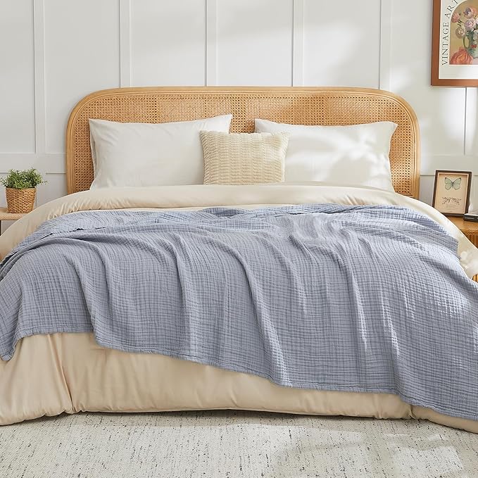 EMME Muslin Blankets for Adults Throw Blanket for Couch Breathable Gauze Soft Lightweight Airy Dusty Blue Queen 90" x 90"