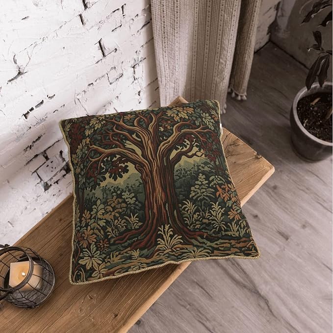 Vintage Forest Tree Velvet Pillow Covers 16x16 Inch Green Retro Tapestry Throw Pillows for Couch Cushion Covers Pillowcase Boho Farmhouse Pillow Cases for Sofa Bed Bedroom
