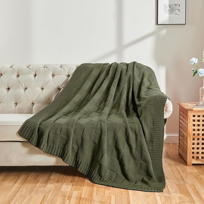 CozeCube Olive Green Knitted Checkered Throw Blanket 60"X80" | Check Knit Throw for Couch, Decorative Christmas Soft Cozy Warm Blanket for Bed Sofa Living Room