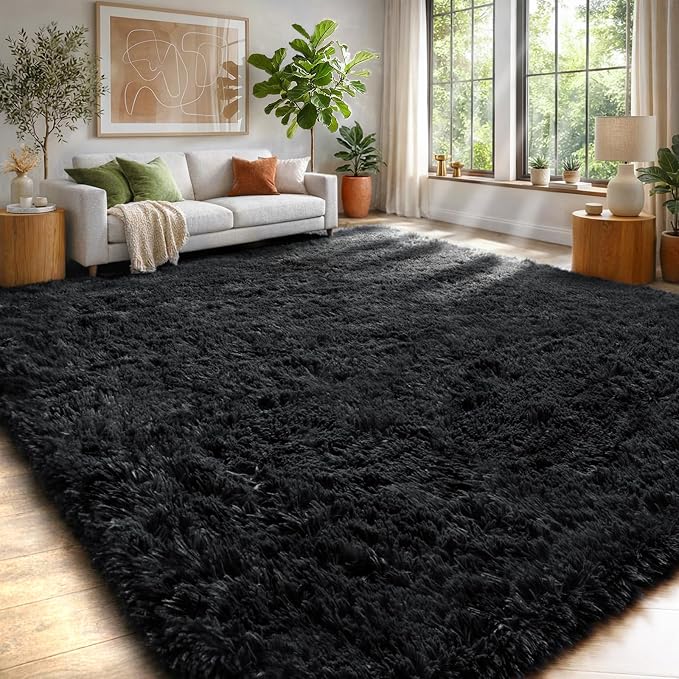 PAGISOFE Fluffy Shaggy Area Rug for Living Room 5x8 Ft,Soft Fuzzy Rugs for Bedroom Shagg Carpet for Kids Girls Boys Dorm Room Furry Rugs for Nursery Playroom Fluffy Toddler Room Rug Black