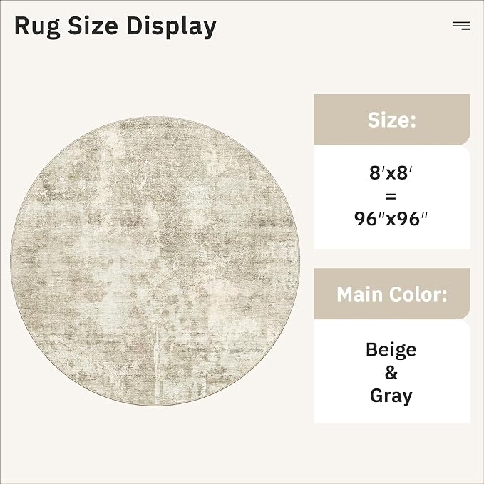 Soalmost Round Rugs 8ft Living Room Circle Area Rug 8x8 Beige/Gray Vintage | Washable Non Slip Abstract Carpet for Apartment, Dining Bedroom, Soft Low Pile Stain Resistant Foldable Floor Mat Entryway