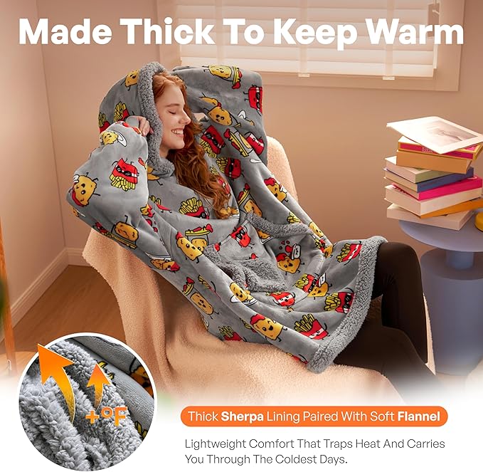 Giggling Getup Wearable Blanket Hoodie for Adults Gifts for Teen Girls Sister Women Sherpa Fleece Printed Hooded Blanket Sweatshirt Warm Cozy with Pocket & Sleeves Grey Chicken Nuggets Fries