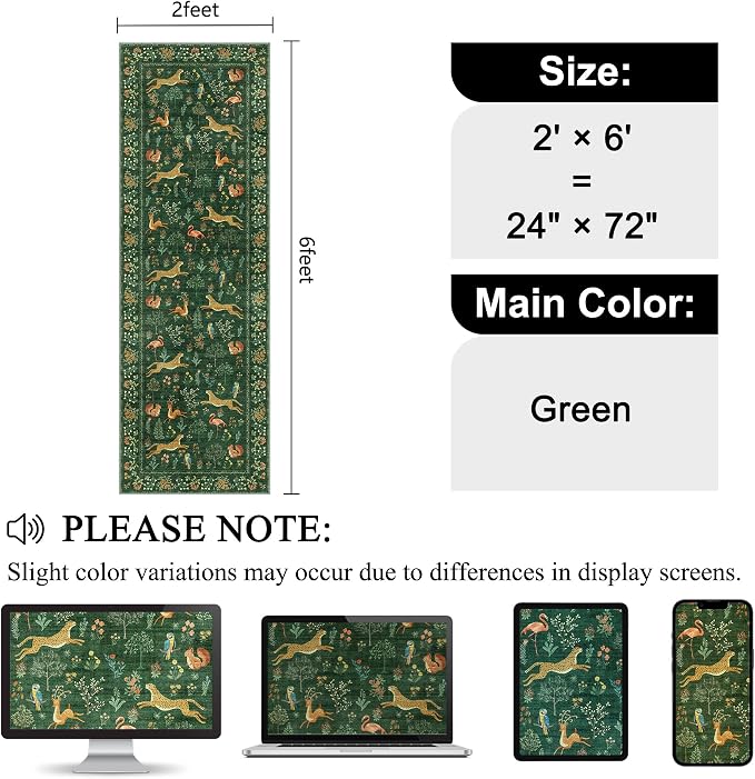 DUKINO 2x6 Runner Rug, Washable Animal Kitchen Rugs Non Slip, Green | Soft, Low Pile, Stain Resistant Indoor Carpet for Hallway, Entryway, Bedroom, Bathroom, Laundry,Pet Friendly, Lightweight