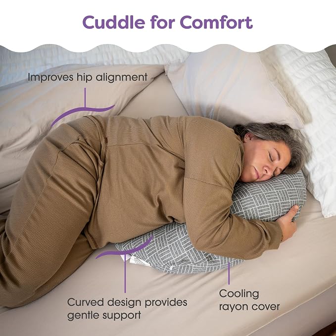 Boppy Cuddle Pregnancy Pillow - Compact Ergonomic Maternity Pillow, Versatile Support, Great Side Sleeper Pillow, Washable, with Cooling Rayon Cover - Gray Basket Weave