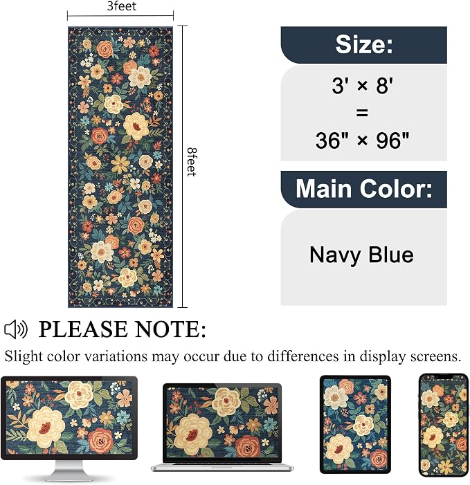DUKINO 3x8 Kitchen Runner Rug, Washable Rug for Hallway Non Slip, Navy Blue | Soft, Low Pile, Floral Indoor Carpet Runner for Hallway, Entryway, Bedroom, Bathroom, Laundry, Pet Friendly, Home Decor