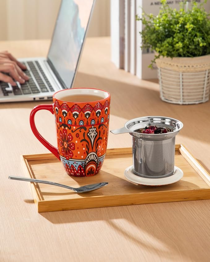 vancasso Ceramic Tea Cup with Infuser and Lid, 18 Ounce Tea Infuser Mug for Loose Leaf Tea, Microwave & Dishwasher Safe, Bohemian Mandala, Gift for Tea Lovers, Crimson Sunburst