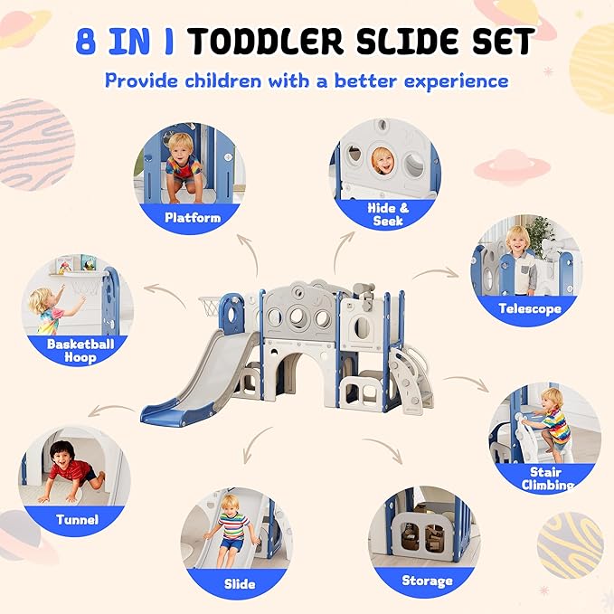 GITAWUSA 8 in 1 Toddler Slide, Outdoor Indoor Playset for Kids Baby Age 1 2 3, Childs Climber Slide with Storage Space and Non-Slip Steps, Basketball Hoopa and Telescope, Blue & White
