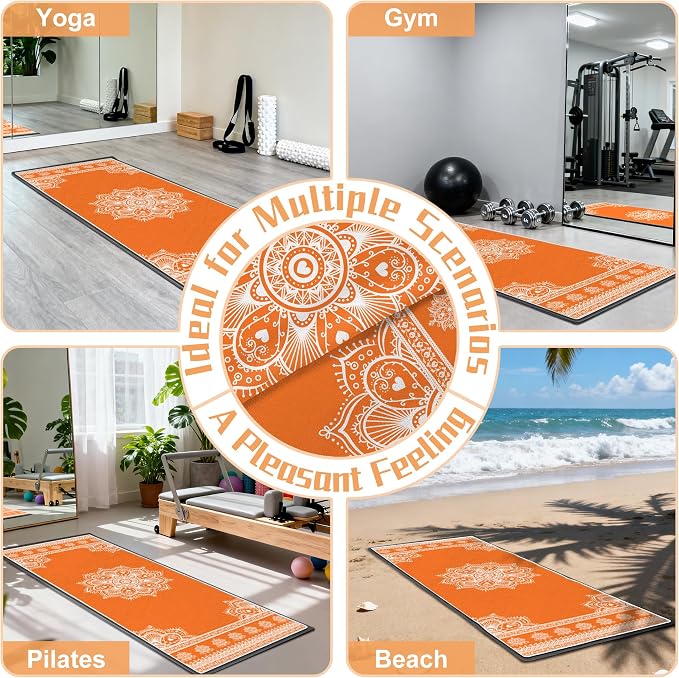 Yoga Towel,Absorbent Yoga Mat Towel for Hot Yoga Non Slip,Stylish Prints,Ideal for Workouts,Hot Yoga,Bikram,Pilates Equipment,72 x 27 in,Orange Mandala
