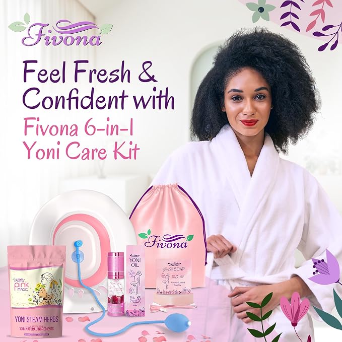 Fivona 6-in-1 Yoni Steam Kit for Women, Steaming Herbs Pink Magic, Expandable V Steam Seat, Yoni Oil, Gentle Soap, Hand Pump, Storage Bag - Cleansing, Moisturizing, pH Balance, Natural Yoni Detox