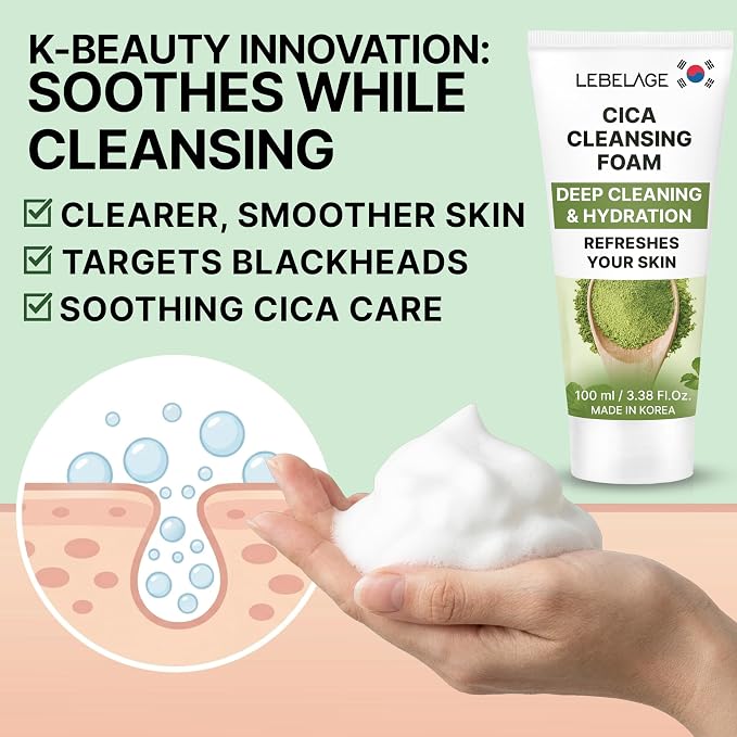 LEBELAGE Korean Cica Facial Cleanser 3.38 oz | Cleansing Foam Face Wash | Low pH Gentle Hydrating Daily Facial Cleanser Sensitive Skin | Deep Cleansing Foaming Cleanser, Pore Care-All Skin Types