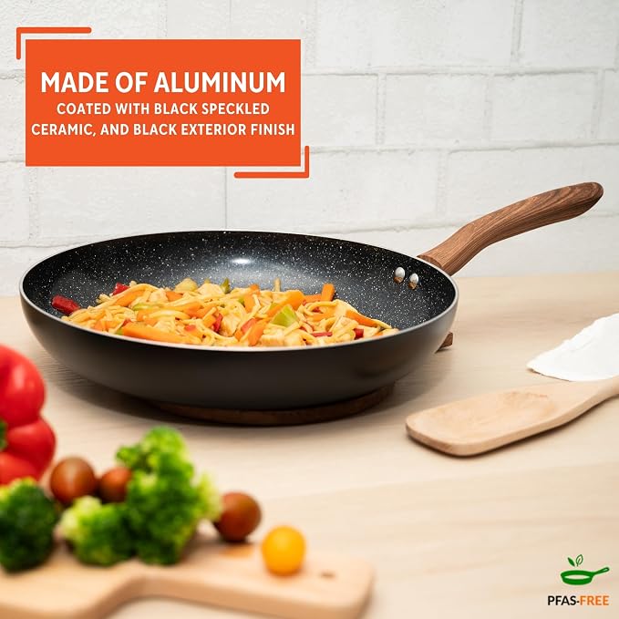 IMUSA 12 Inch Madera Aluminum Speckled Black Ceramic Fry Pan | Ideal for Searing and Sautéing, Great for Family Meals