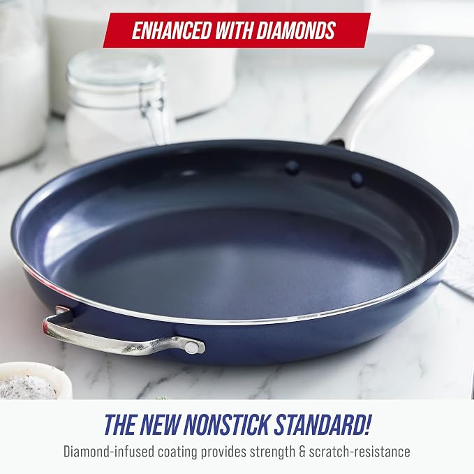 Blue Diamond 14" Diamond Infused Ceramic Nonstick Frying Pan Skillet | PFAS-Free Ceramic Nonstick Jumbo Pan with Helper Handle, Dishwasher & Oven Safe, Durable Metal Utensil Safe, Egg Pan, Blue