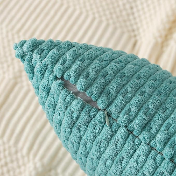 Kevin Textile Soft Corduroy 14"x24" Lumbar Pillow Cover 1 Pack, Aqua Green | Boho Stripe Plush Corduroy Decorative Oblong Cushion Cover Modern Farmhouse Home Decor for Sofa Couch Bed Chair