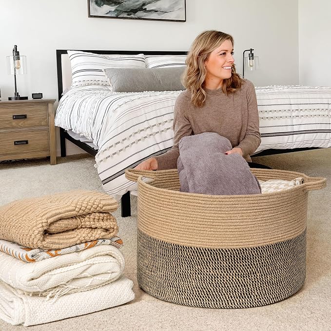 Goodpick Large Wicker Basket for Blankets, Baby Toy Storage Basket, 85L | 21.7 x 21.7 x 13.8 In Baby Storage Basket for Nursery, Blanket Basket for Living Room, Laundry Basket for Towels, Jute