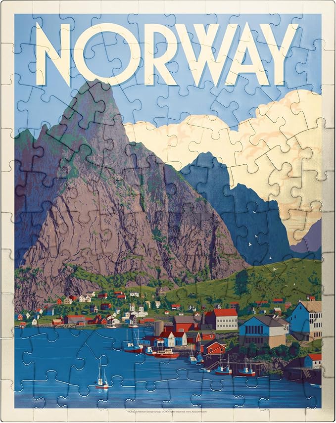 MyPuzzle Norway: The Land of Fjords, Vintage Poster - Premium 100 Piece Jigsaw Puzzle for Adults