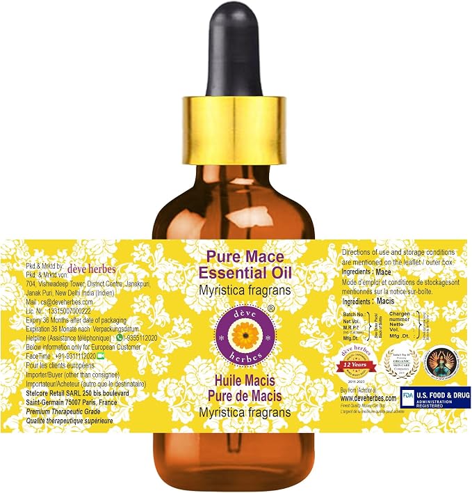 Deve Herbes Pure Mace Essential Oil (Myristica fragrans) with Glass Dropper Steam Distilled (Pack of Three) 100ml X 3 (10 oz)