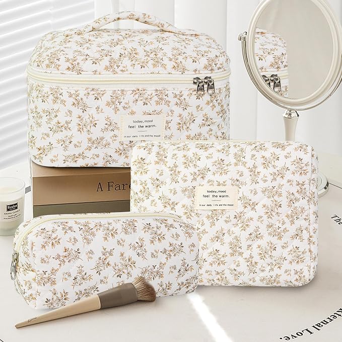 GISMTR 3Pcs Makeup Bag Cotton Quilted Travel Cosmetic Bag Cute Floral Makeup Pouch Large Toiletry Bag for Women Girls